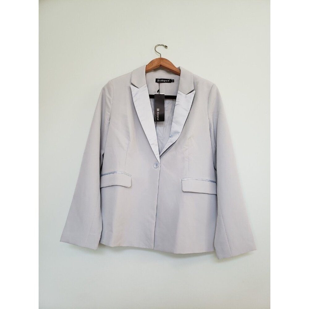 Allegra K Women's Sz L Blue Long Sleeve Blazer Jacket Button Satin Lapel NWT - Picture 1 of 6